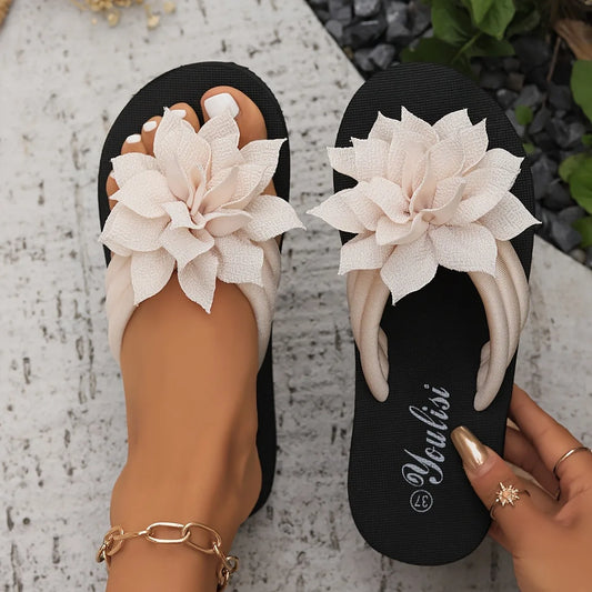 Women's Floral Flip Flops SlipOn Vacation Style Mid Heel Sandals Fabric Upper EVA Sole Insole Solid Color Summer Casual Footwear