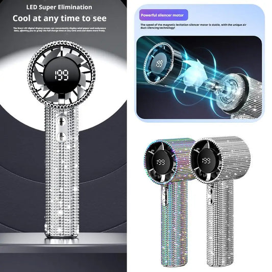 1Pcs Luxury Diamond Handheld Mini Fan 199-Gears Adjustable Portable Handheld Turbo Fan Outdoor Digital Display Electric Fan
