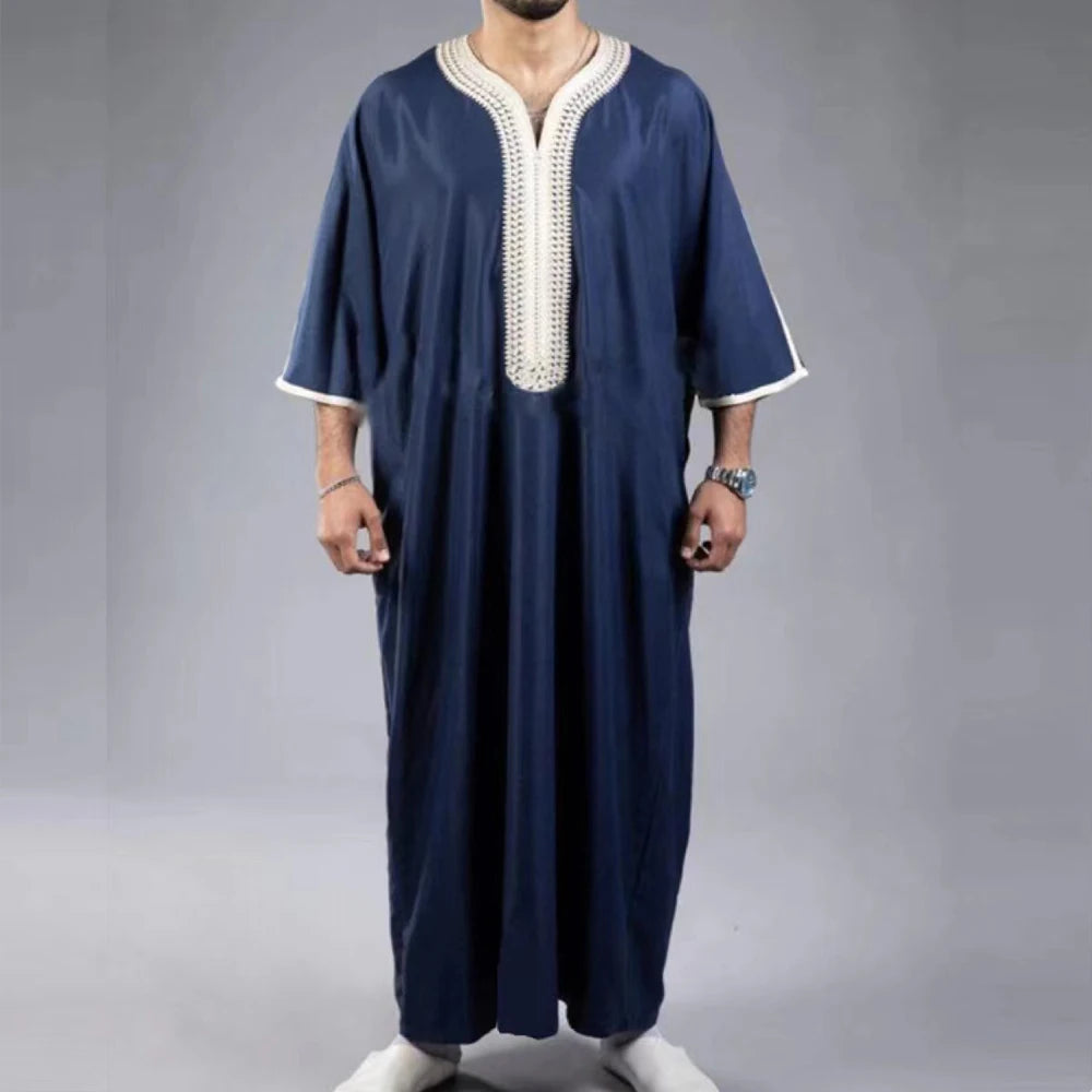 2025 Summer New jubah Muslim Men's Robe Short Sleeve Embroidered Arab Ethnic Style Men's Islamic Clothing