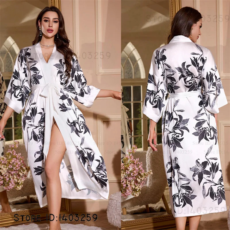 Großer Kimono Bademantel Blütenmuster Langer Morgenmantel Negligé Hauskleidung Frühling Sommer Neue Nachtwäsche Lose Pyjamas