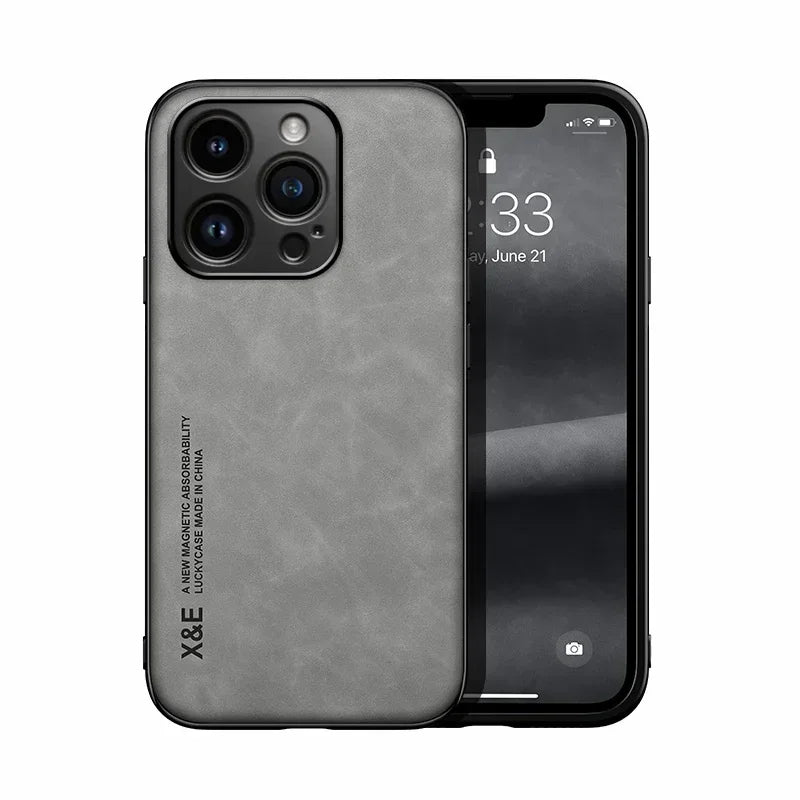 Étui en cuir de luxe pour iPhone 17 16 16e 15 14 13 12 11 Pro Max Plus 12 13 Mini SE 8 7 Housse avec plaque métallique support voiture