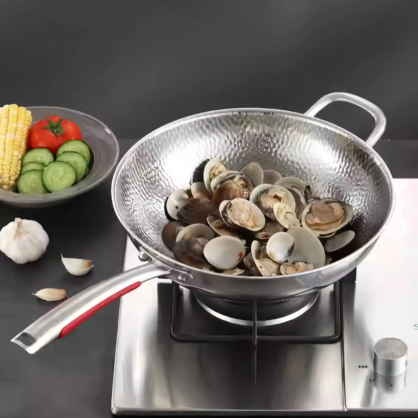 Wok aus reinem Titan mit Rundboden, unbeschichtet, Antihaft-Pfanne, verwendbar auf konvexen Induktionskochfeldern, Haushalts-Wok