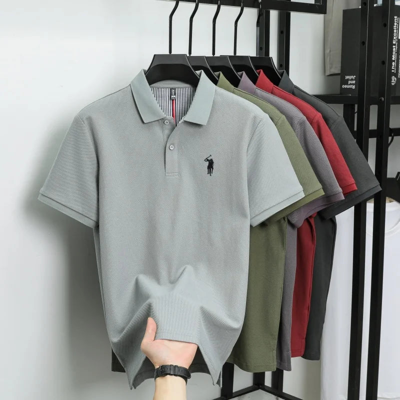 Herren-Poloshirt aus 100 % Baumwolle, atmungsaktiv, kurzärmlig, Luxusmarken-Stickerei, locker, leger, Sommer, Business
