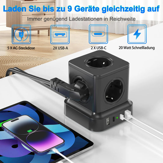 Multiprise tour 4000W UE avec 5 prises CA, chargeur rapide USB C PD20W, prise de courant avec câble d'extension de 1,8 m