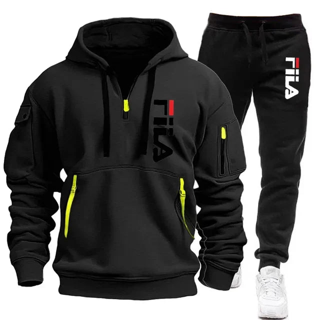 Herbst und Winter heiß begehrtes Herren-Kapuzensweatshirt + Freizeithose, zweiteiliges Outdoor-Set mit mehreren Taschen und Sporthose