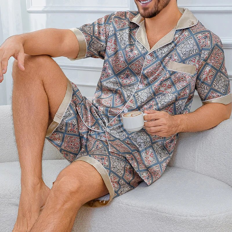 Herren-Pyjama-Set mit Karodruck, Kurzarm-Revers-Oberteil und elastische Shorts, bequem, perfekt für Sommer-Schlafanzüge und Loungewear