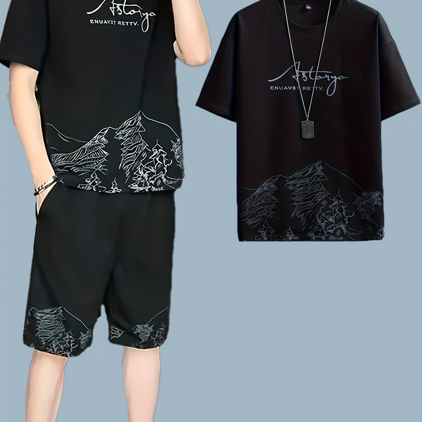 Ein zweiteiliges Herren-Sommer-Set mit stilvollem Kurzarm-T-Shirt mit Rundhalsausschnitt und Shorts mit Kordelzug, perfekt für lässige Urlaubstage am Strand