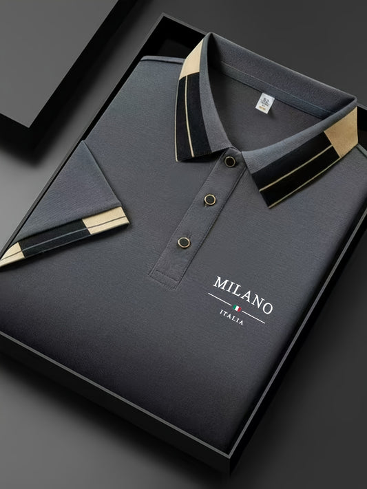 Men'S Lightweight Soft POLO Shirt with 'MILANO ITALIA' Print | Breathable Summer Casual And Business Wear, Regular Fit, Button Collar, Ideal for Vacation And Daily Use, Fashion Contrast Design, Soft Fabric
