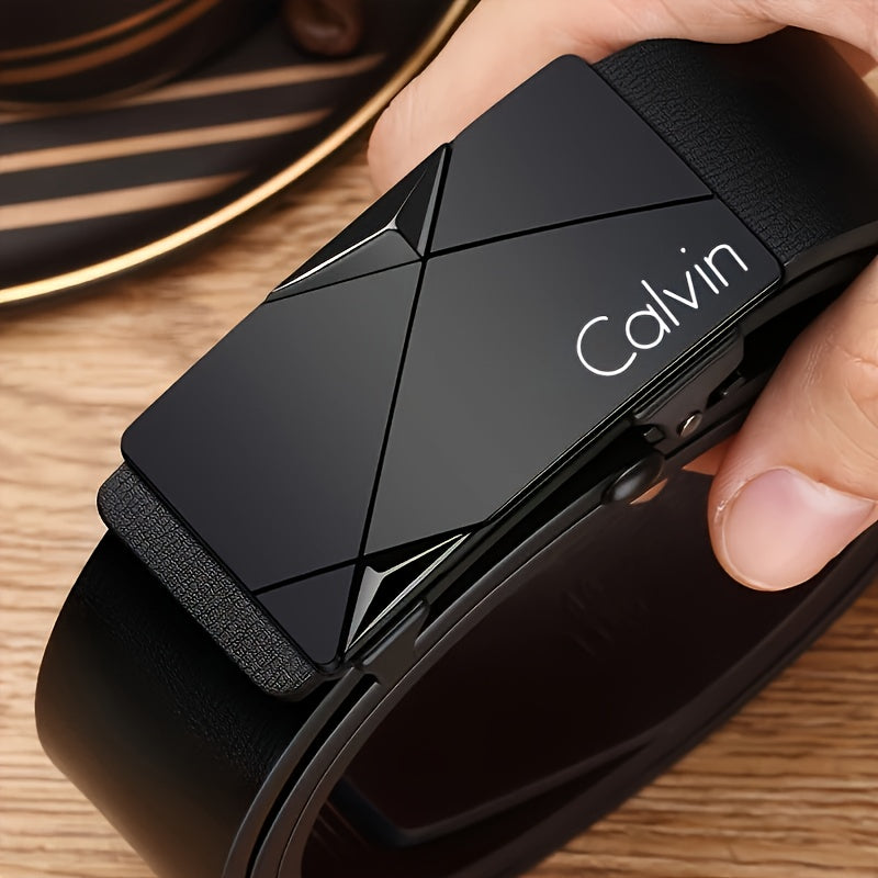 CALVIN Men's Automatic Buckle Belt - Stylish Black PU Leather with Alloy Tip, Business Casual Design for Office and Casual Attire. Perfect Holiday Gift Choice! Modern Accessory Featuring a Durable Clasp – A Must-Have Fashio