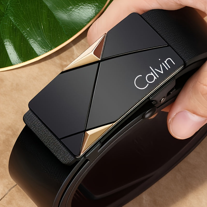 CALVIN Men's Automatic Buckle Belt - Stylish Black PU Leather with Alloy Tip, Business Casual Design for Office and Casual Attire. Perfect Holiday Gift Choice! Modern Accessory Featuring a Durable Clasp – A Must-Have Fashio