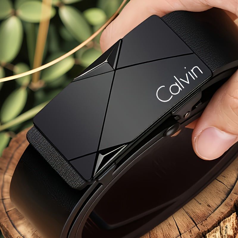 CALVIN Men's Automatic Buckle Belt - Stylish Black PU Leather with Alloy Tip, Business Casual Design for Office and Casual Attire. Perfect Holiday Gift Choice! Modern Accessory Featuring a Durable Clasp – A Must-Have Fashio