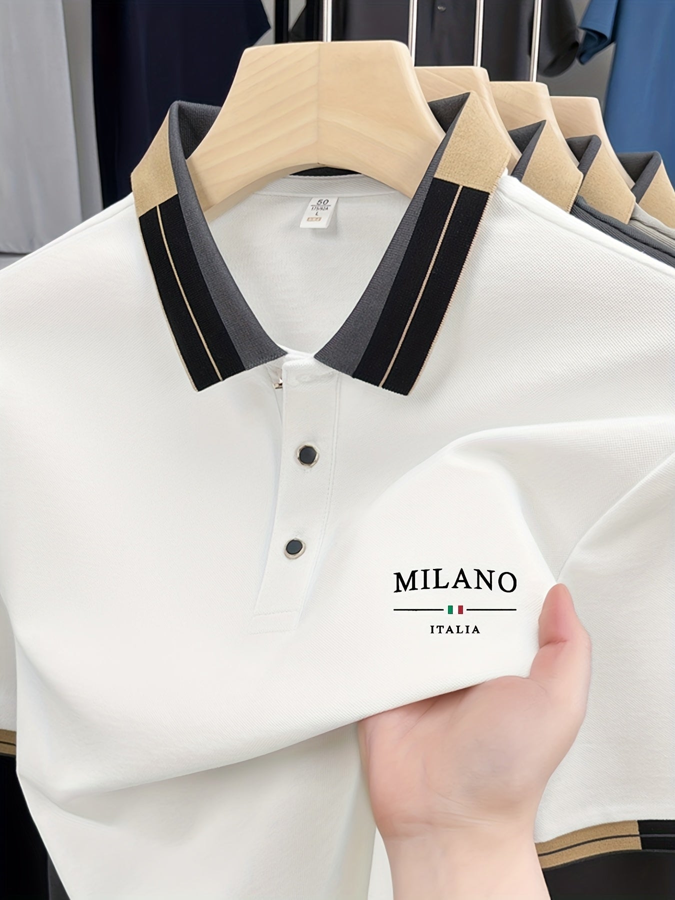 Polo léger et doux pour homme avec imprimé « MILANO ITALIA » | Respirant, décontracté et professionnel pour l'été, coupe classique, col boutonné, idéal pour les vacances et l'usage quotidien, design contrasté tendance, tissu doux