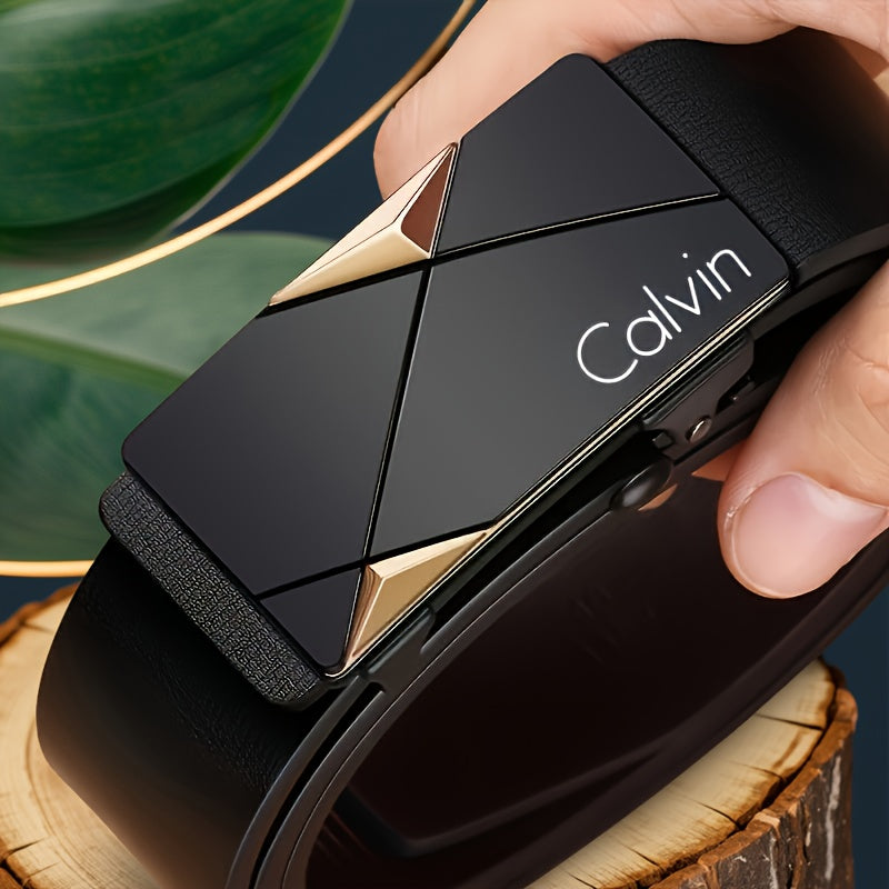 CALVIN Men's Automatic Buckle Belt - Stylish Black PU Leather with Alloy Tip, Business Casual Design for Office and Casual Attire. Perfect Holiday Gift Choice! Modern Accessory Featuring a Durable Clasp – A Must-Have Fashio