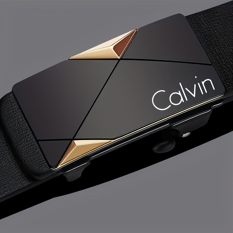 CALVIN Men's Automatic Buckle Belt - Stylish Black PU Leather with Alloy Tip, Business Casual Design for Office and Casual Attire. Perfect Holiday Gift Choice! Modern Accessory Featuring a Durable Clasp – A Must-Have Fashio