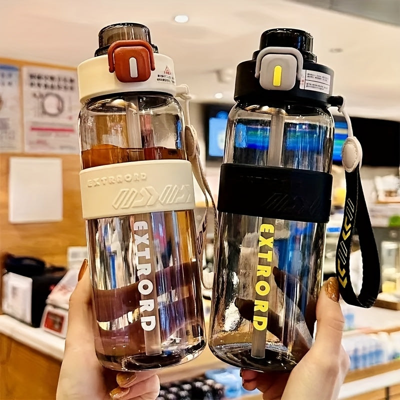 Bouteille d'eau en plastique à paille double et grande capacité pour l'extérieur, adaptée au sport, au fitness, aux étudiants, aux voyages, aux festivals et aux fêtes, facile à transporter.