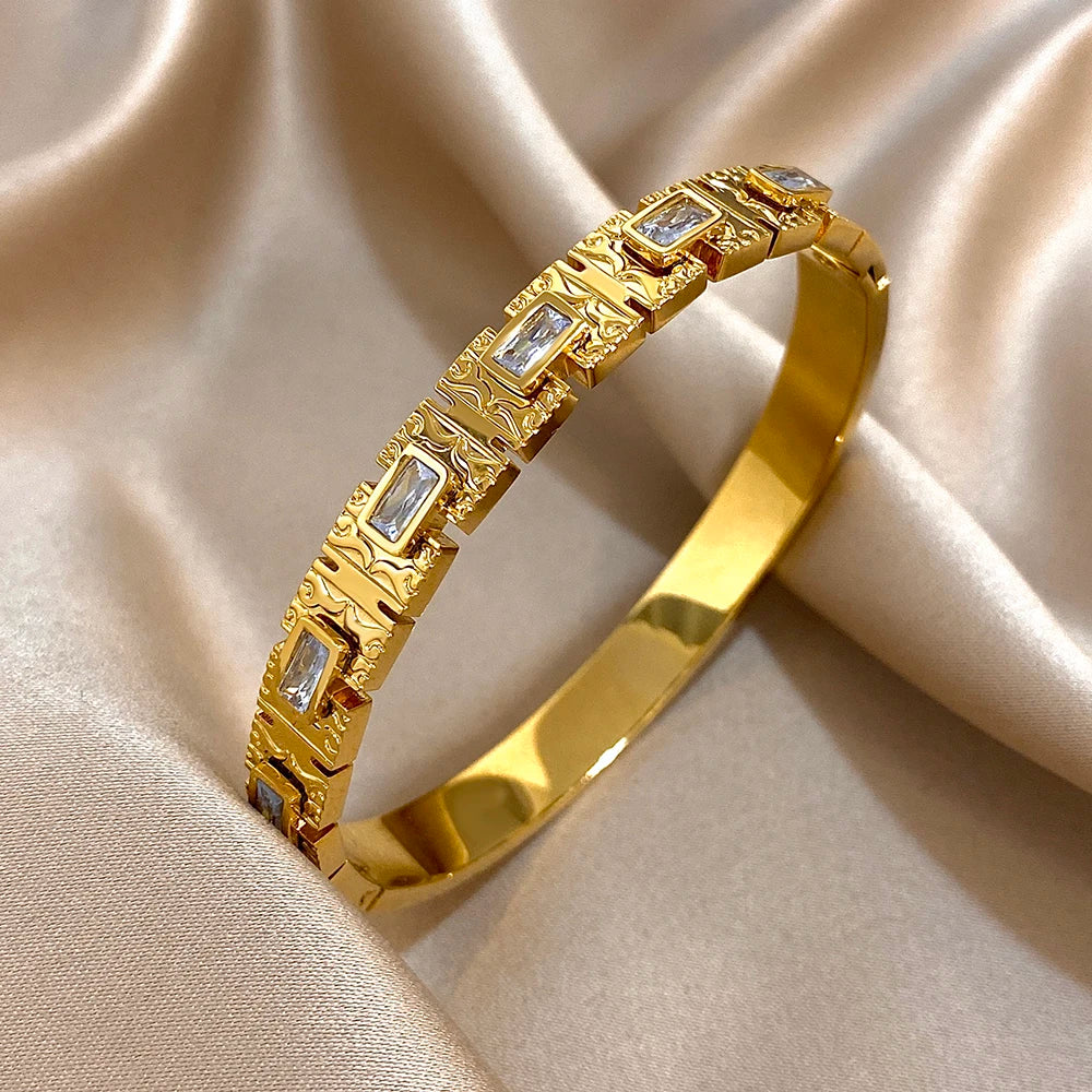 Manchette ouverte vintage en acier inoxydable avec zircon vert pour femmes, bracelet jonc large et épais, étanche, rond et brillant