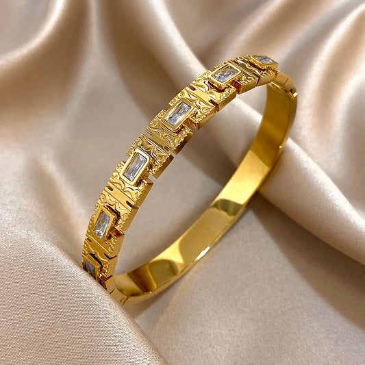Vintage Green Zircon Stainless Steel Open Bangle for Women Waterproof Glossy Round Chunky Spring Bangle Wide Cuff Hand Bracelet