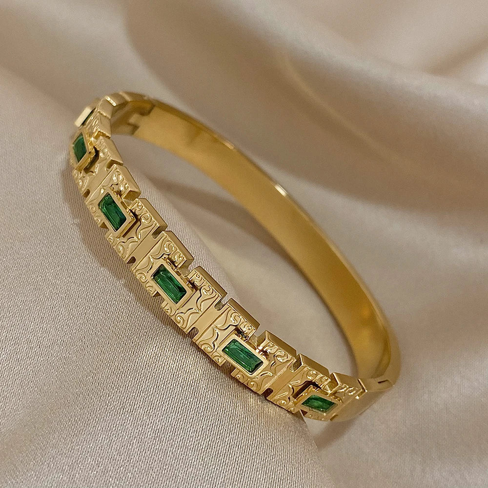 Manchette ouverte vintage en acier inoxydable avec zircon vert pour femmes, bracelet jonc large et épais, étanche, rond et brillant