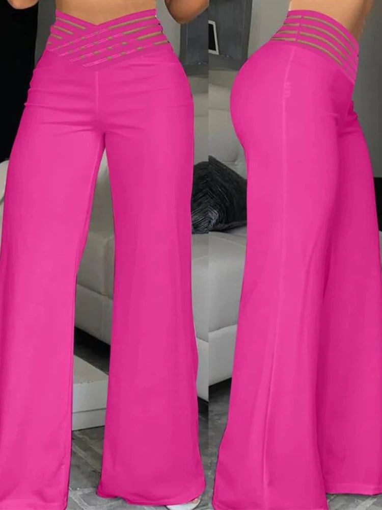 Pantalon évasé ample pour femme 2024, décontracté, croisé, en maille transparente, taille haute, streetwear Y2k, élégant, pour le travail