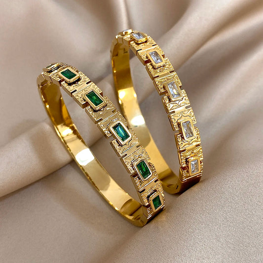 Vintage Green Zircon Stainless Steel Open Bangle for Women Waterproof Glossy Round Chunky Spring Bangle Wide Cuff Hand Bracelet