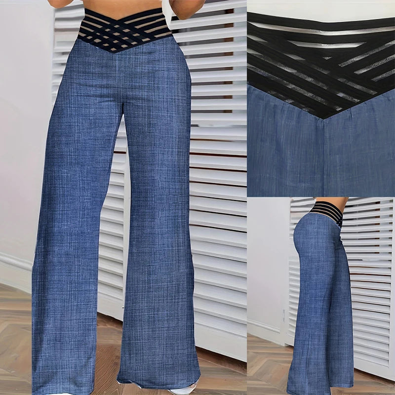 Pantalon évasé ample pour femme 2024, décontracté, croisé, en maille transparente, taille haute, streetwear Y2k, élégant, pour le travail