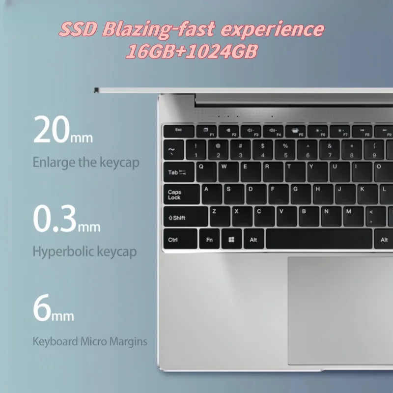 Nouvel Ordinateur Portable Ultra Mince 14.1" 16 Go RAM 2 To SSD Intel N3700 PC Gaming Écran 1920*1080 Ordinateur de Bureau et d'Étude PC Windows 11 Pro
