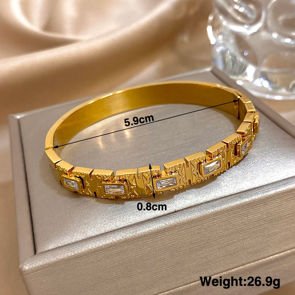 Manchette ouverte vintage en acier inoxydable avec zircon vert pour femmes, bracelet jonc large et épais, étanche, rond et brillant