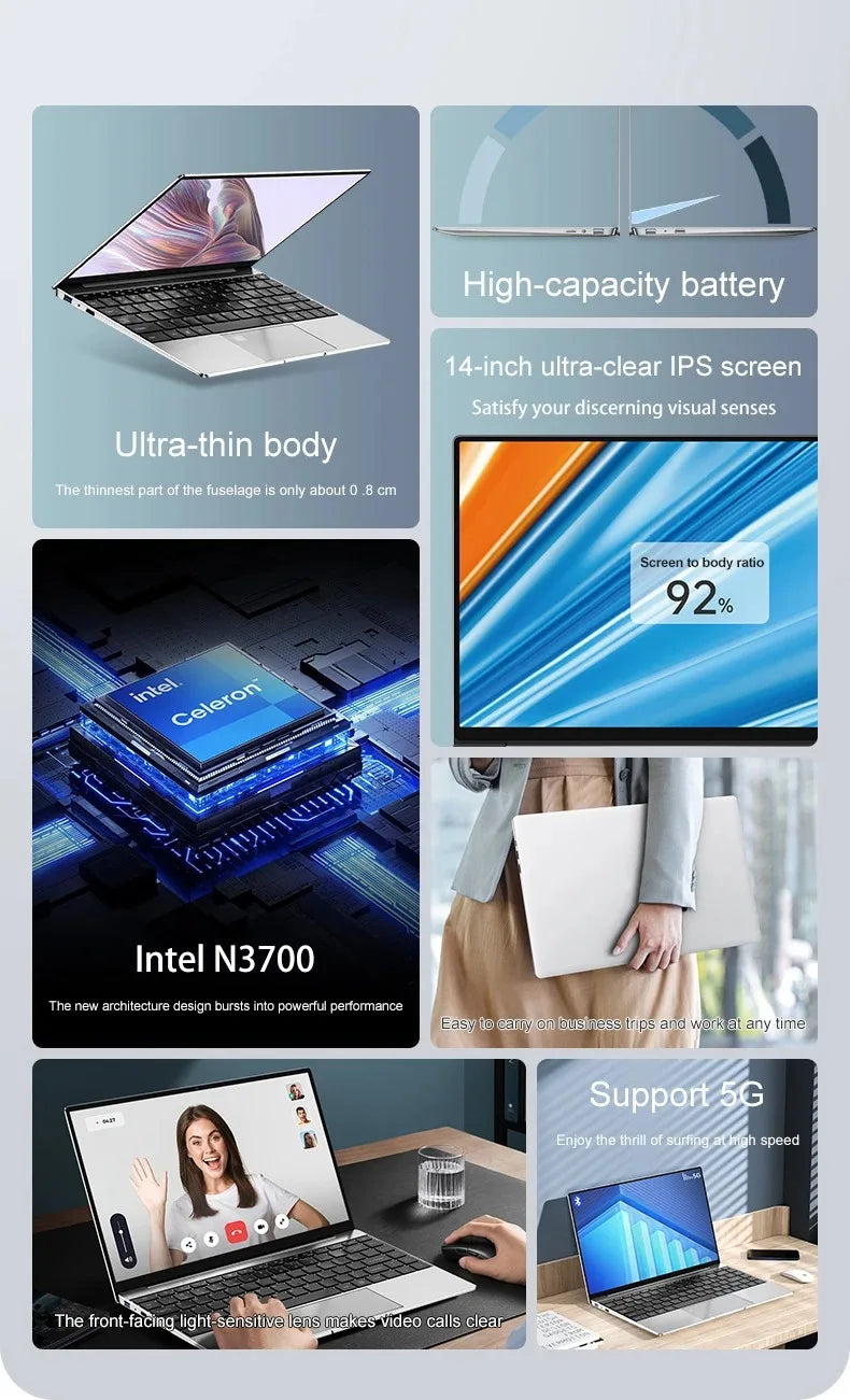 Nouvel Ordinateur Portable Ultra Mince 14.1" 16 Go RAM 2 To SSD Intel N3700 PC Gaming Écran 1920*1080 Ordinateur de Bureau et d'Étude PC Windows 11 Pro