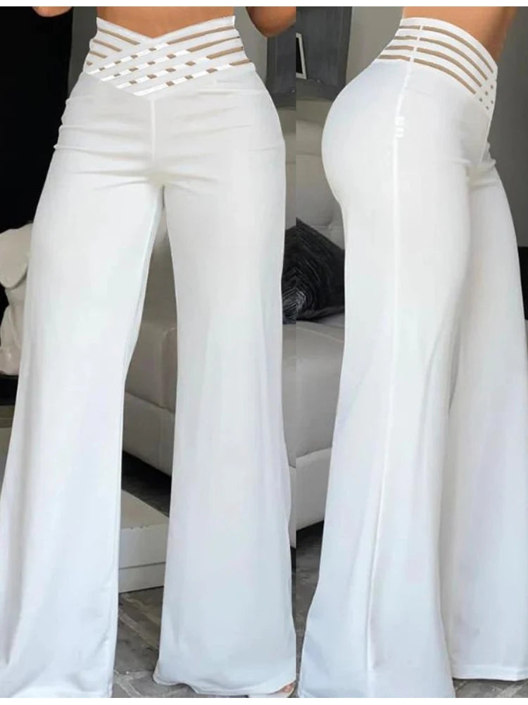Pantalon évasé ample pour femme 2024, décontracté, croisé, en maille transparente, taille haute, streetwear Y2k, élégant, pour le travail