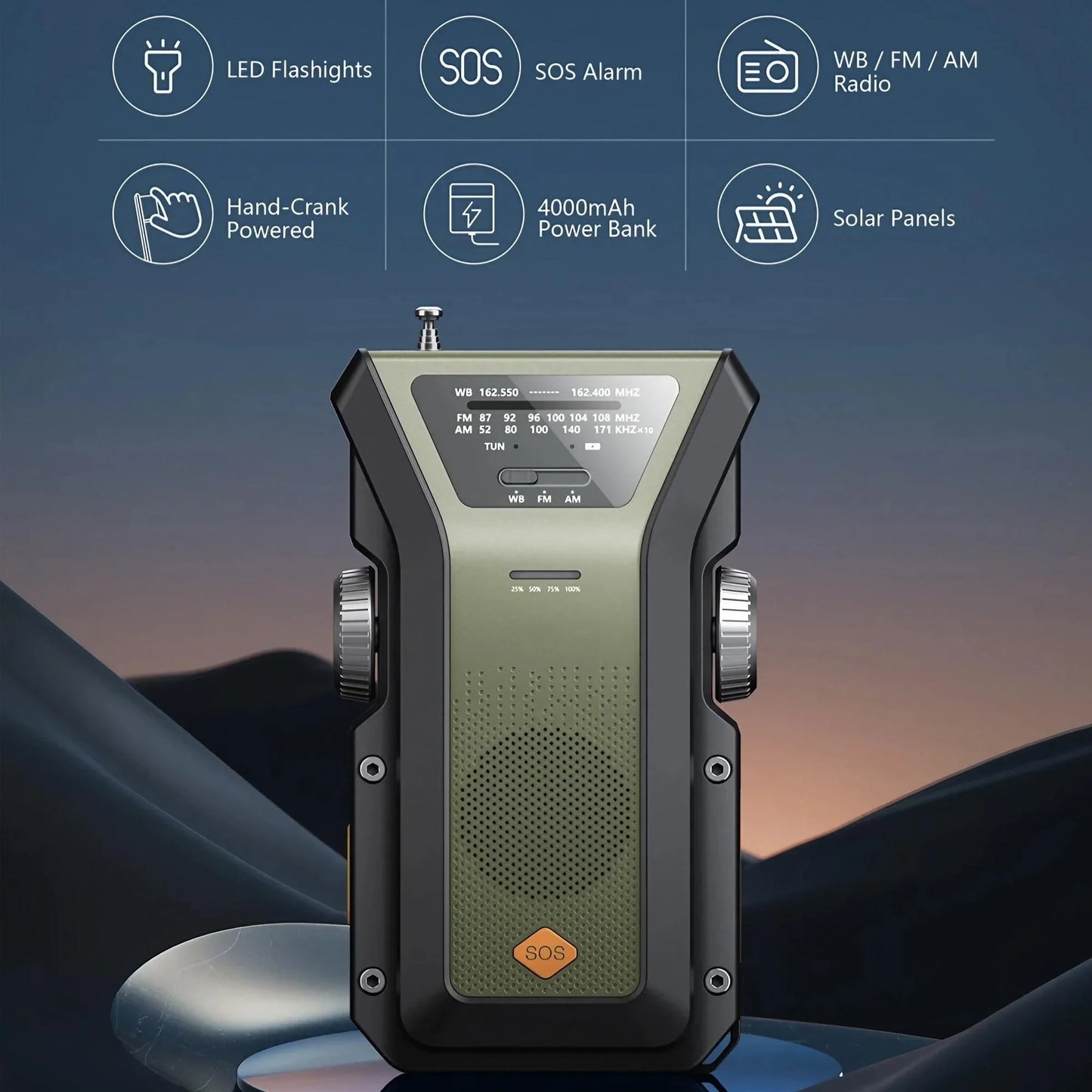 Wetterradio Notfall Multifunktionales Radio FM AM WB Handkurbel Solar USB-Ladefunktion 2000mAh Powerbank LED Taschenlampe
