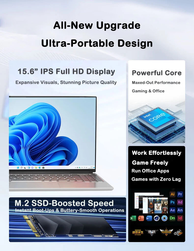 Neues Ultraflaches Notebook Intel Core i7 8650U 15,6" 32GB RAM 2TB SSD Gaming PC Office Lerncomputer PC Windows 11 Pro
