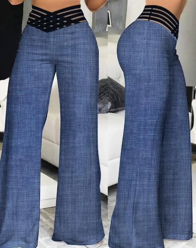 Pantalon évasé ample pour femme 2024, décontracté, croisé, en maille transparente, taille haute, streetwear Y2k, élégant, pour le travail