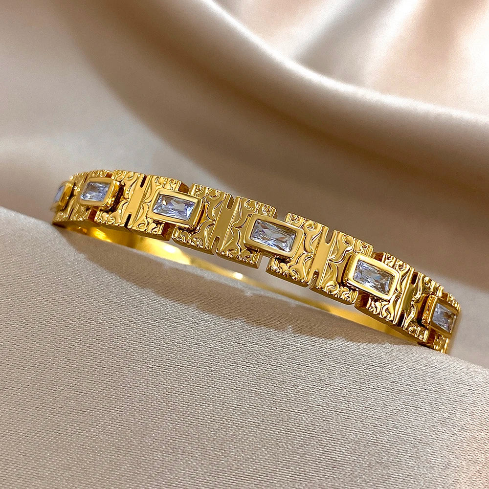 Manchette ouverte vintage en acier inoxydable avec zircon vert pour femmes, bracelet jonc large et épais, étanche, rond et brillant