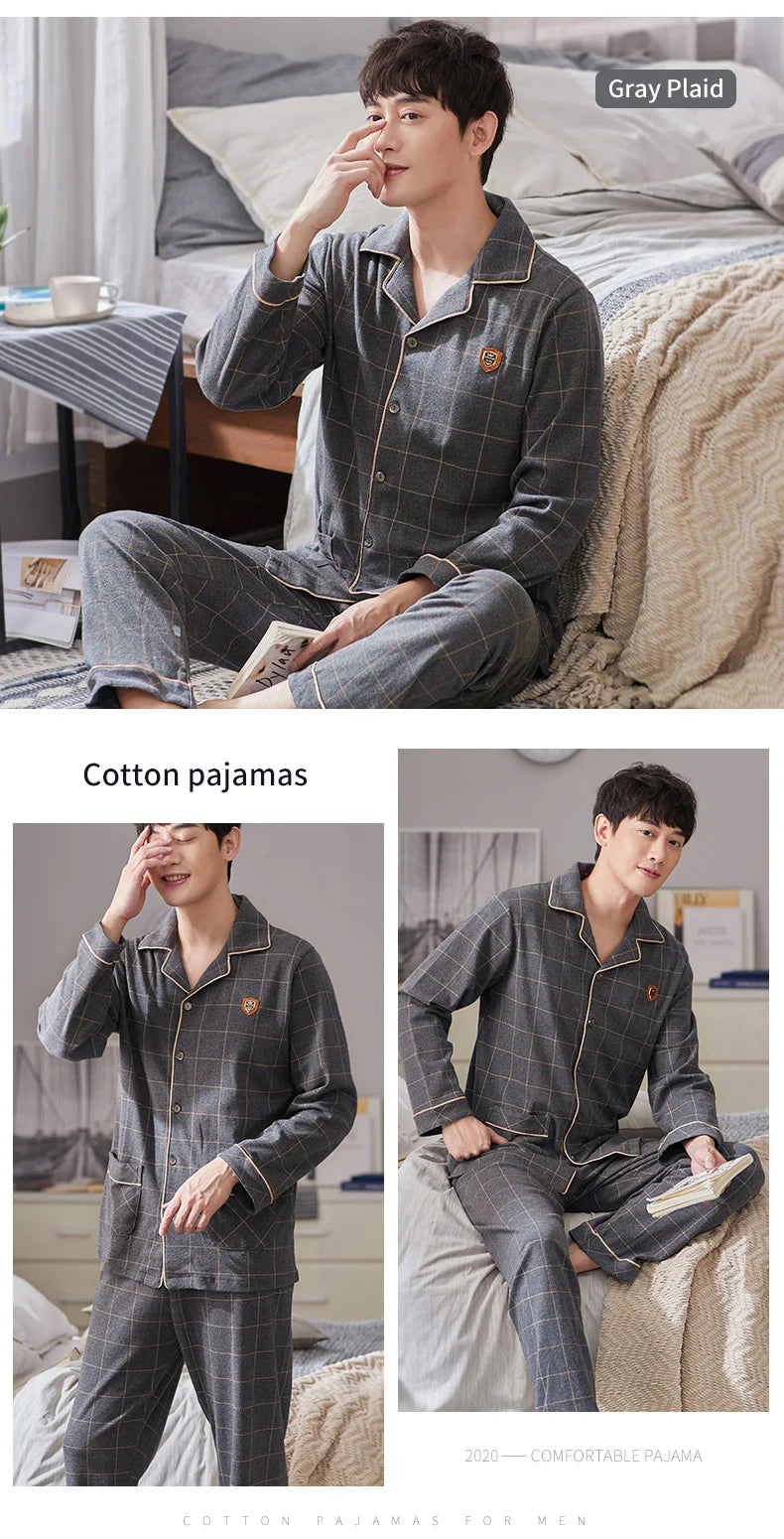 Pyjama d'hiver 100 % coton pour homme, bleu, vêtement de nuit chaud, pyjama en coton à carreaux, grandes tailles