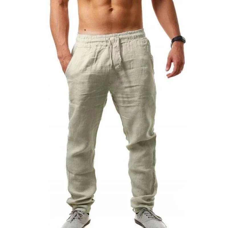 Pantalon Homme en Coton et Lin, Jogging Décontracté, Couleur Unie, Taille Élastique, Coupe Droite et Ample, Sport, Course, Grandes Tailles pour Homme