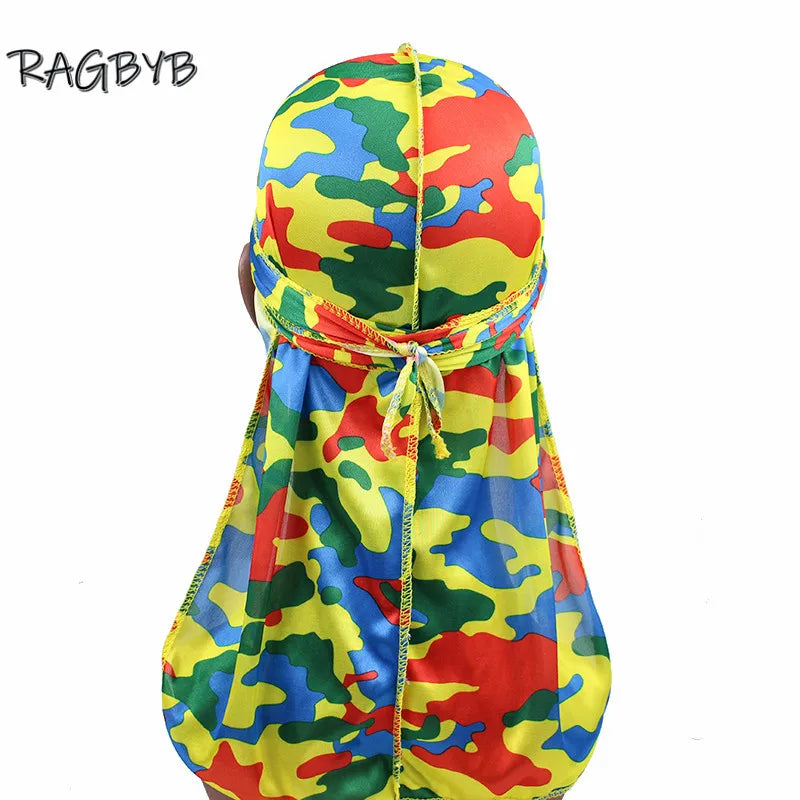 Neue Camo Print Seiden Durag Bandanas für Herren Seidige Durags Long Tail Wave Cap Kopftuch Damen Hut Headwrap Durag