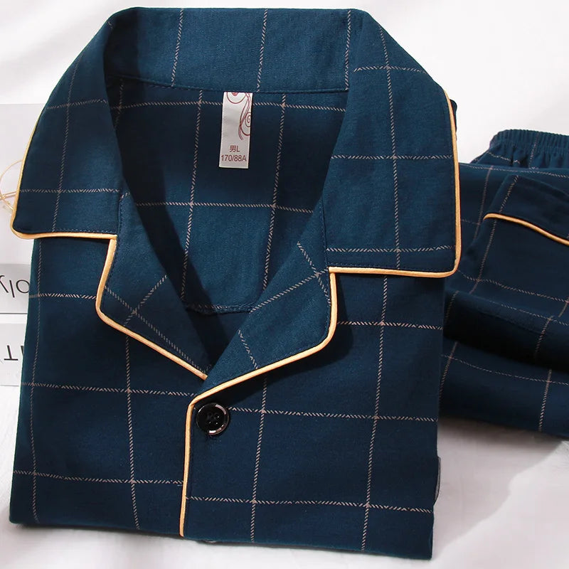 Pyjama d'hiver 100 % coton pour homme, bleu, vêtement de nuit chaud, pyjama en coton à carreaux, grandes tailles