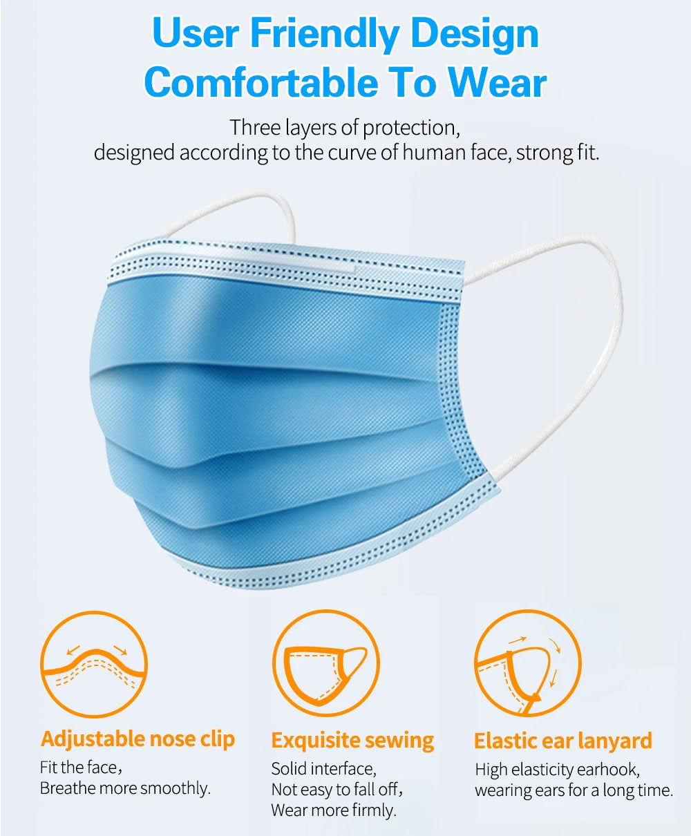 Mouth Masks 3-layer Anti-Dust Disposable Mascarillas  Non Woven Meltblown Cloth Masks Elastic Ear Loop Face Mask