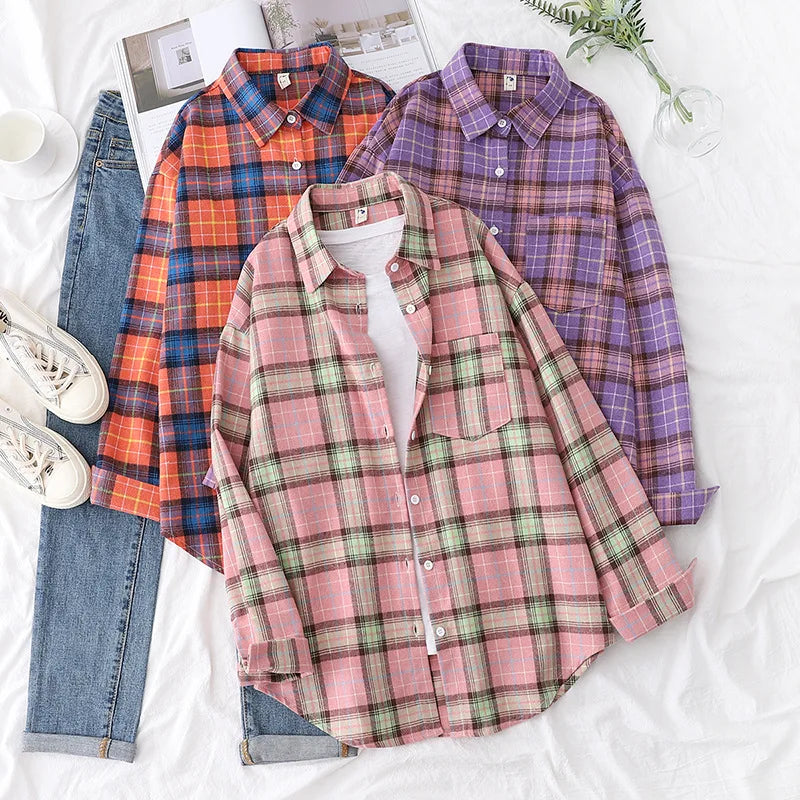 Women's Plaid Shirt 2025 New Ladies Loose Casual Blouse and Tops Fresh College Style Female Long Sleeve Shirts Women Clothes