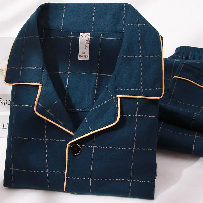 Pyjama d'hiver 100 % coton pour homme, bleu, vêtement de nuit chaud, pyjama en coton à carreaux, grandes tailles