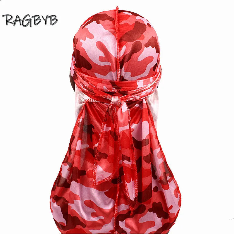Neue Camo Print Seiden Durag Bandanas für Herren Seidige Durags Long Tail Wave Cap Kopftuch Damen Hut Headwrap Durag