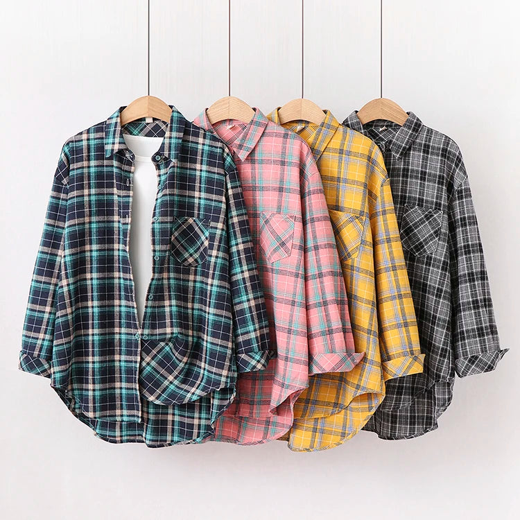 2024 Automne Nouvelle Chemise à Carreaux Ample pour Femme Marque Excellente Qualité Blouses et Hauts Design Décontracté Frais Chemises à Manches Longues pour Femme