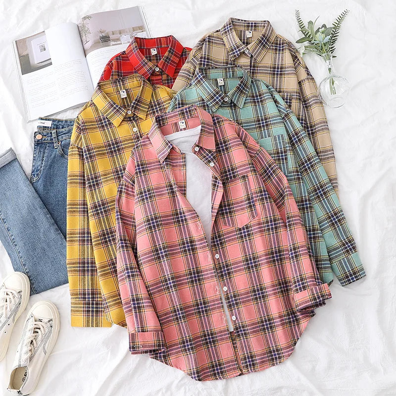Women's Plaid Shirt 2025 New Ladies Loose Casual Blouse and Tops Fresh College Style Female Long Sleeve Shirts Women Clothes
