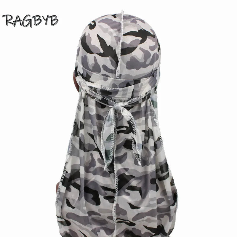Neue Camo Print Seiden Durag Bandanas für Herren Seidige Durags Long Tail Wave Cap Kopftuch Damen Hut Headwrap Durag