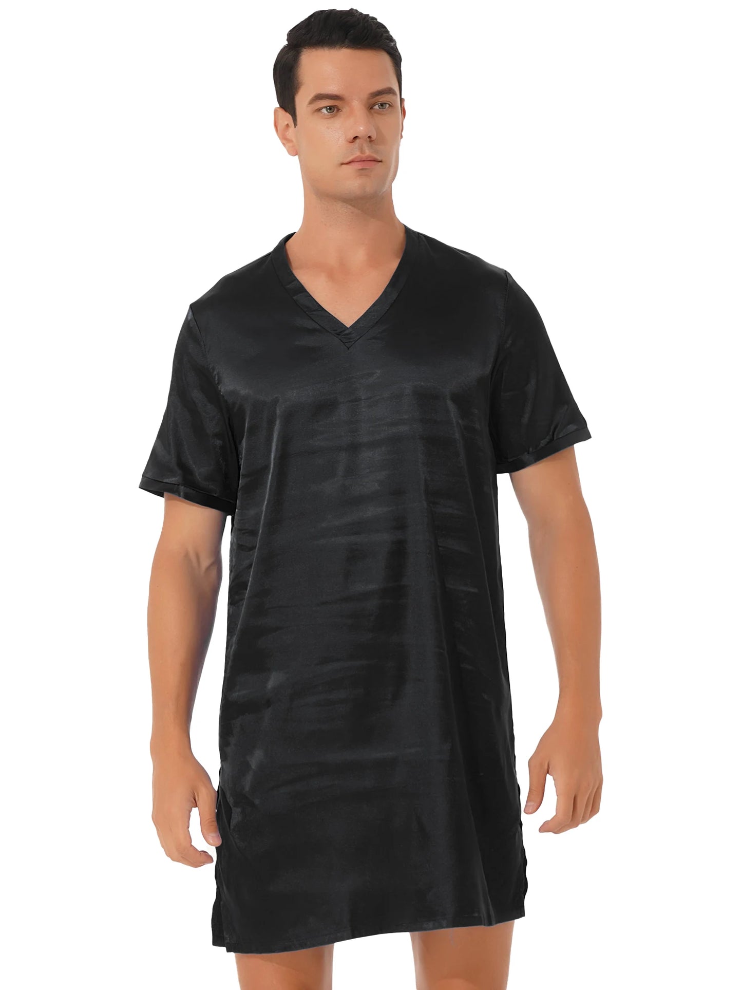 Damen Herren Seidensatin Pyjamas Schlafanzug Kurzarm Nachthemd Kimono Bademantel Schlafrock Morgenmantel Sommer Nachthemd Homewear