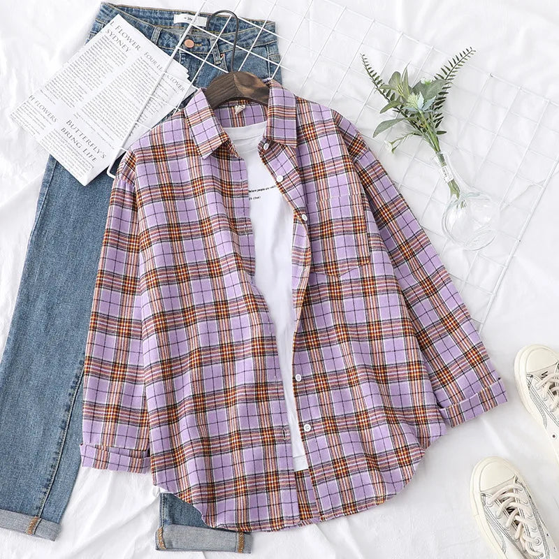 Women's Plaid Shirt 2025 New Ladies Loose Casual Blouse and Tops Fresh College Style Female Long Sleeve Shirts Women Clothes