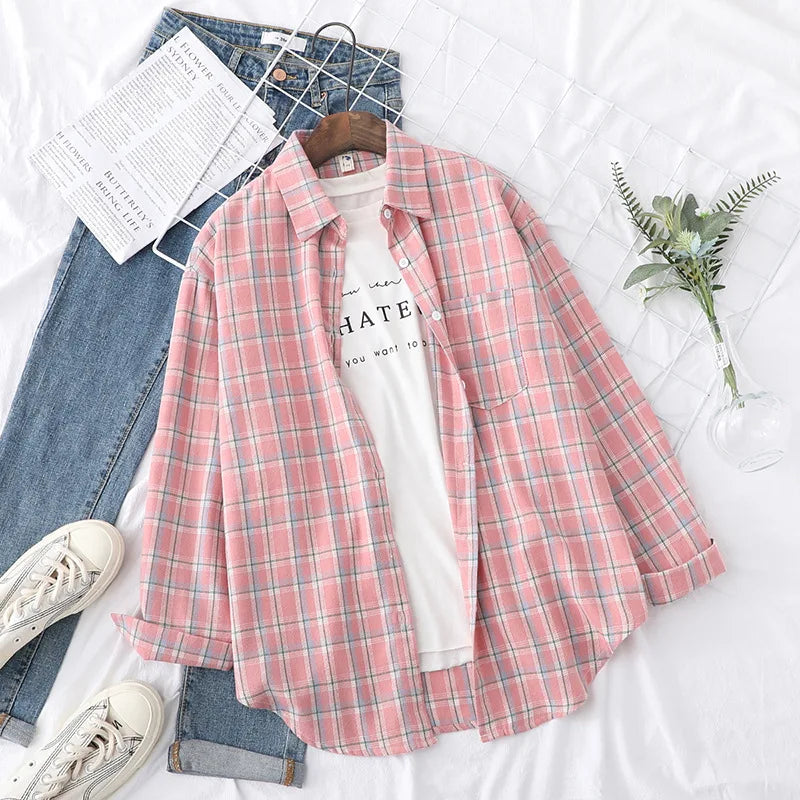 Women's Plaid Shirt 2025 New Ladies Loose Casual Blouse and Tops Fresh College Style Female Long Sleeve Shirts Women Clothes