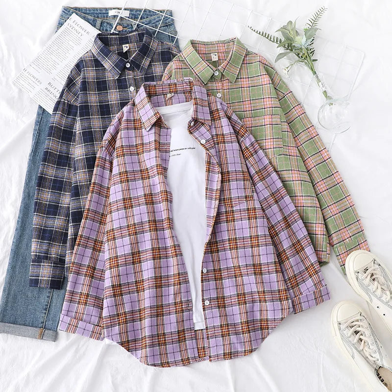 Women's Plaid Shirt 2025 New Ladies Loose Casual Blouse and Tops Fresh College Style Female Long Sleeve Shirts Women Clothes