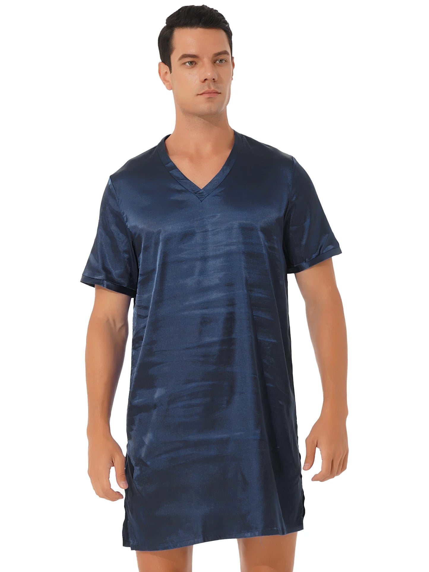 Damen Herren Seidensatin Pyjamas Schlafanzug Kurzarm Nachthemd Kimono Bademantel Schlafrock Morgenmantel Sommer Nachthemd Homewear
