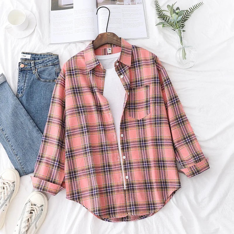 Women's Plaid Shirt 2025 New Ladies Loose Casual Blouse and Tops Fresh College Style Female Long Sleeve Shirts Women Clothes